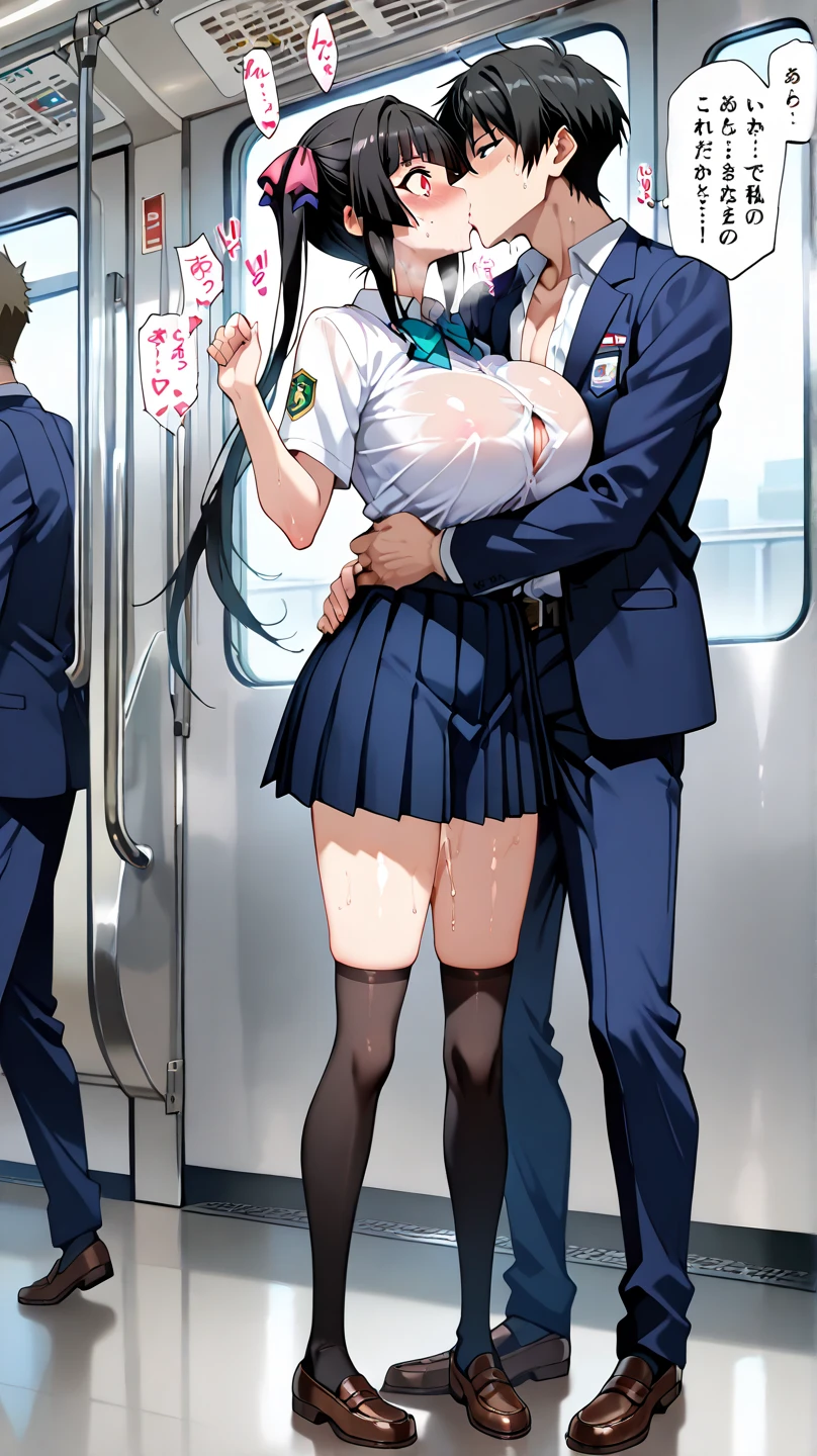(((masterpiece, highest quality, High resolution, 超High resolution, Perfect Pixel, Depth of written boundary, 4K, RTTX 10.0))), Beautiful Anime Woman, Beautiful art style, Anime characters, ((Smooth texture, Realistic texture, Anime CG Style)), Exact finger count、Exact number of legs、(Exact number of arms:1.0, Exact number of hands:1.0), (Perfect hands, Perfect Anatomy.1.5), Cinematic, Realistic, Extremely detailed CG, Daytime lighting, Perfect lighting, Best Shadow, The best natural light, whole body, Perfectly balanced style, A perfectly balanced body, Slender body, whole body, ((bangs, Dark brown hair, Stylish and cute ponytail)), (A woman in a sailor uniform is standing while a young man in a suit massages her breasts over her bra and puts his hand inside her panties.:1.3), (povbreastgrab,pov hands,breast grab:1.3)、doggystyle, Exact number of hands, With a bra on, show off bra, skirt, bra, panties, underwear, (セクシーでかわいいunderwear, Stylish shiny white satin panties, Stylish shiny white satin lace bra:1.3), (Embarrassed expression:1.2), blush, (sexual pleasure expression:1.5), (Holding in pee:1.2)、Patience is the limit、On the brink of climax, (hand_in_panties_not_self:1.2), (in the train:1.3), (pussy juice:1.2)
