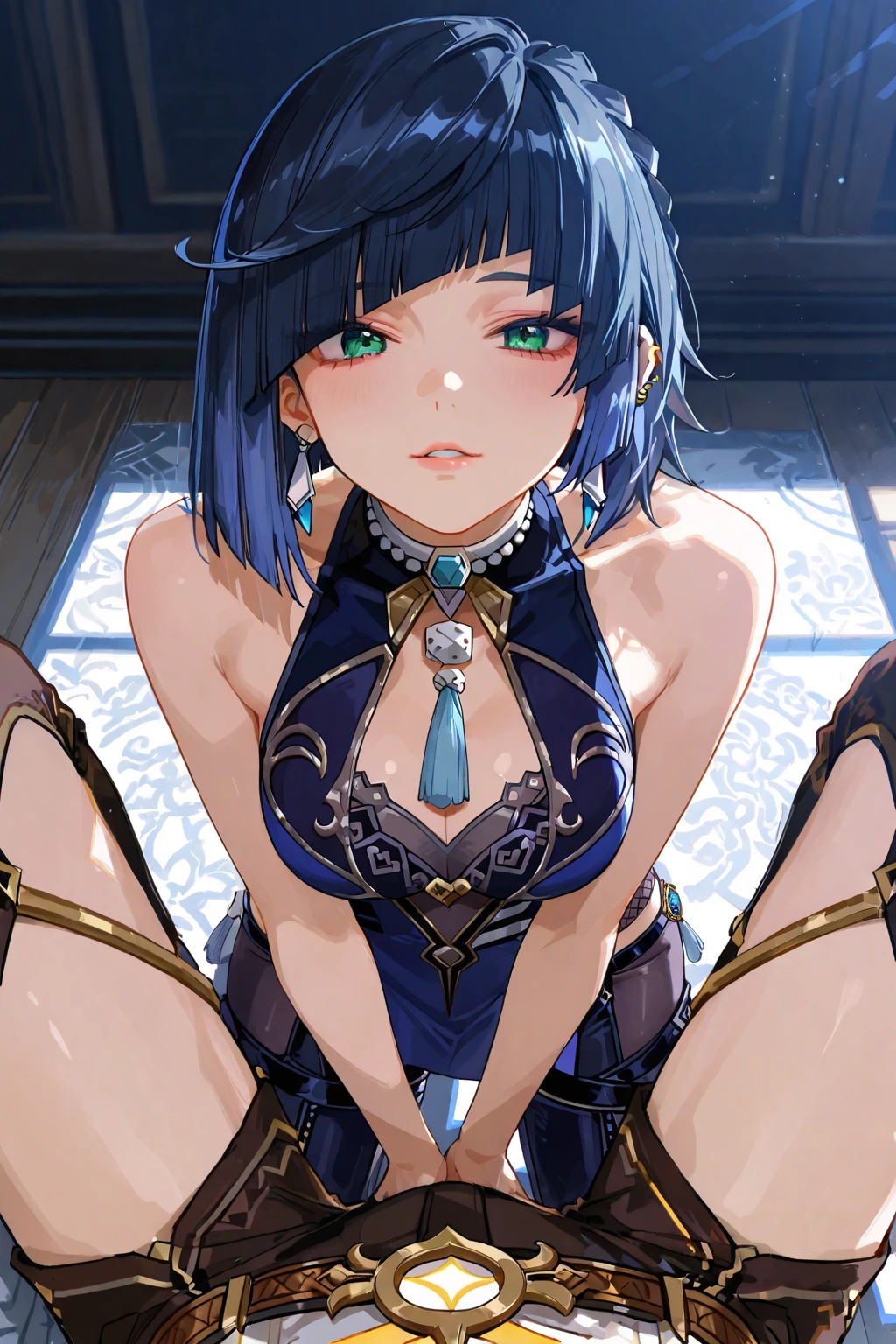 ((very detailed nipples)), genshin impact ((Yelan)), gentlesoftlighting,  perfect human  hands:1.5),relaxed posture, ((fit female)) , Super perfect body curve, tmasterpiece, 4K, Detailed pubic hairfect face, (20yr old)  Languages, fit graph,  gorgeous perfect face, Happy expression, with her mouth open, Realistic style and ultra-detailed rendering, hyper realisitc, ultrarealistic oil painting, portrait silhouette shadow)), Holding a bow with both hands