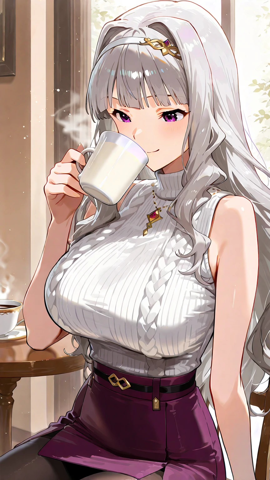 Slim and petite young woman with long yellow hair and light-colored eyes, wearing a white wool sweater, shorts with black stockings, and light-colored boots, sitting at the kitchen table, enjoying a cup of coffee with toast. Medium-sized breasts, captivating smile, curves in her body, and curves in her clothing.