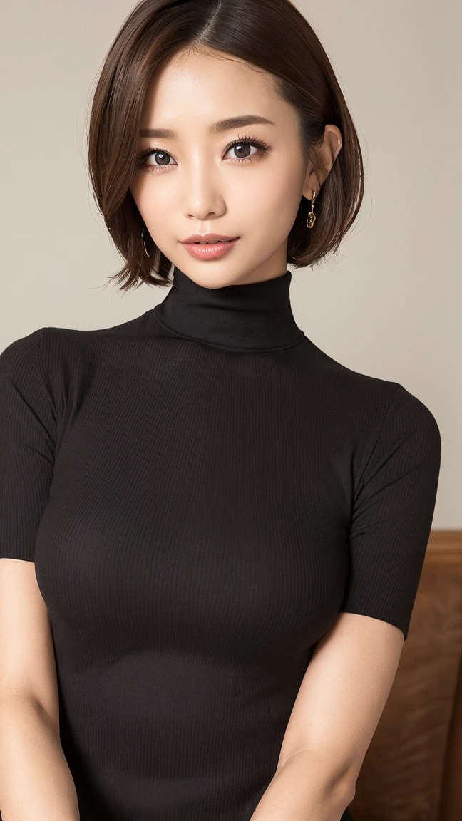 ((masterpiece)), ((best quality)), (ultra-detailed),detailed face, realistic, portrait, high-quality, detailed, GILF, white hair, grey hair, hair bun, red glasses, turtleneck sweater, black skirt, beauty mark, mole, lips,