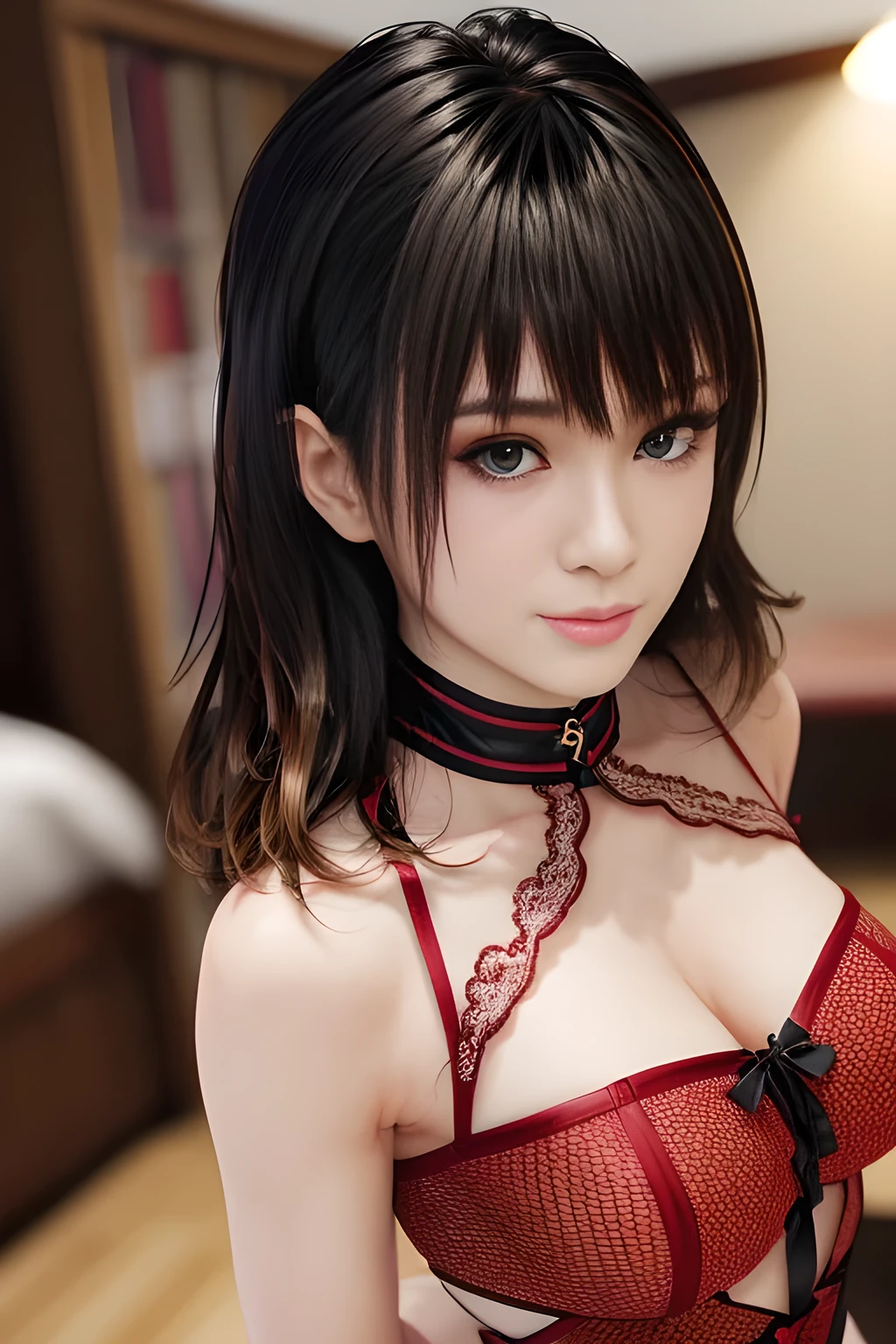 Black hair, red eyes,large breast, red lingerie, red underwear, red bra, sexy, smile, a hotel bedroom