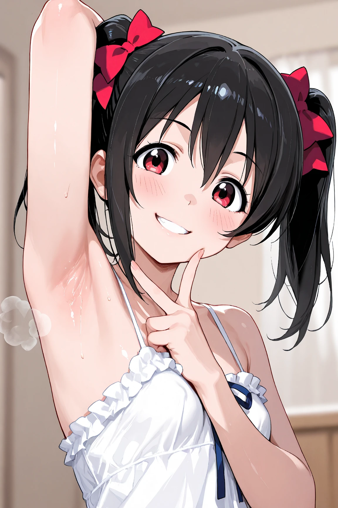 1girl, sarada uchiha in anime boruto, short hair, black hair, red eyes, smile, beautiful, masterpiece, absurdres, hinata\(boruto\), teen female, towel outfit, looking at viewer, (falling petals), perfect composition, detailed lips, huge medium breast, beautiful face, body propotion, blush, (pink painted lips), soft gaze, super realistic, detailed, realistic face and body, sweat body, hide breast using towel, sauna background, shy face, smiling. thick body, bbw, view from bottom, put hand in the back, very shy face, oil body. white fog, breast almost fall out from towel. transparent towel.