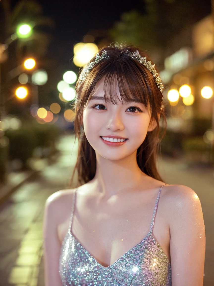 1 Girl, (Wearing a white glitter dress:1.2), (RAW Photos, Highest quality), (Realistic, Photorealistic:1.4), Tabletop, Very delicate and beautiful, Very detailed, 2k wallpaper, wonderful, finely, Very detailed CG Unity 8k 壁紙, Very detailedな, High resolution, Soft Light, Beautiful detailed girl, Very detailed目と顔, Beautiful and detailed nose, Finely beautiful eyes, Cinema Lighting, City lights at night, Perfect Anatomy, Slender body, smile