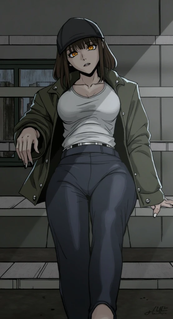masterpiece, high quality, best quality, 1girl, (muscular female:1.0), (super gigantic breasts:1.0), (closed mouth, half smile), tilda, black hair, long hair, white hair, multicolored hair, blue eyes, glasses, (black compression shirt:1.5), blue pants, black thigh-high boots, (brown overcoat:1.5), black belt with gold buckle, anime screencap, anime key visual, (fully clothed:1.0), full body <lora:Tilda:1>