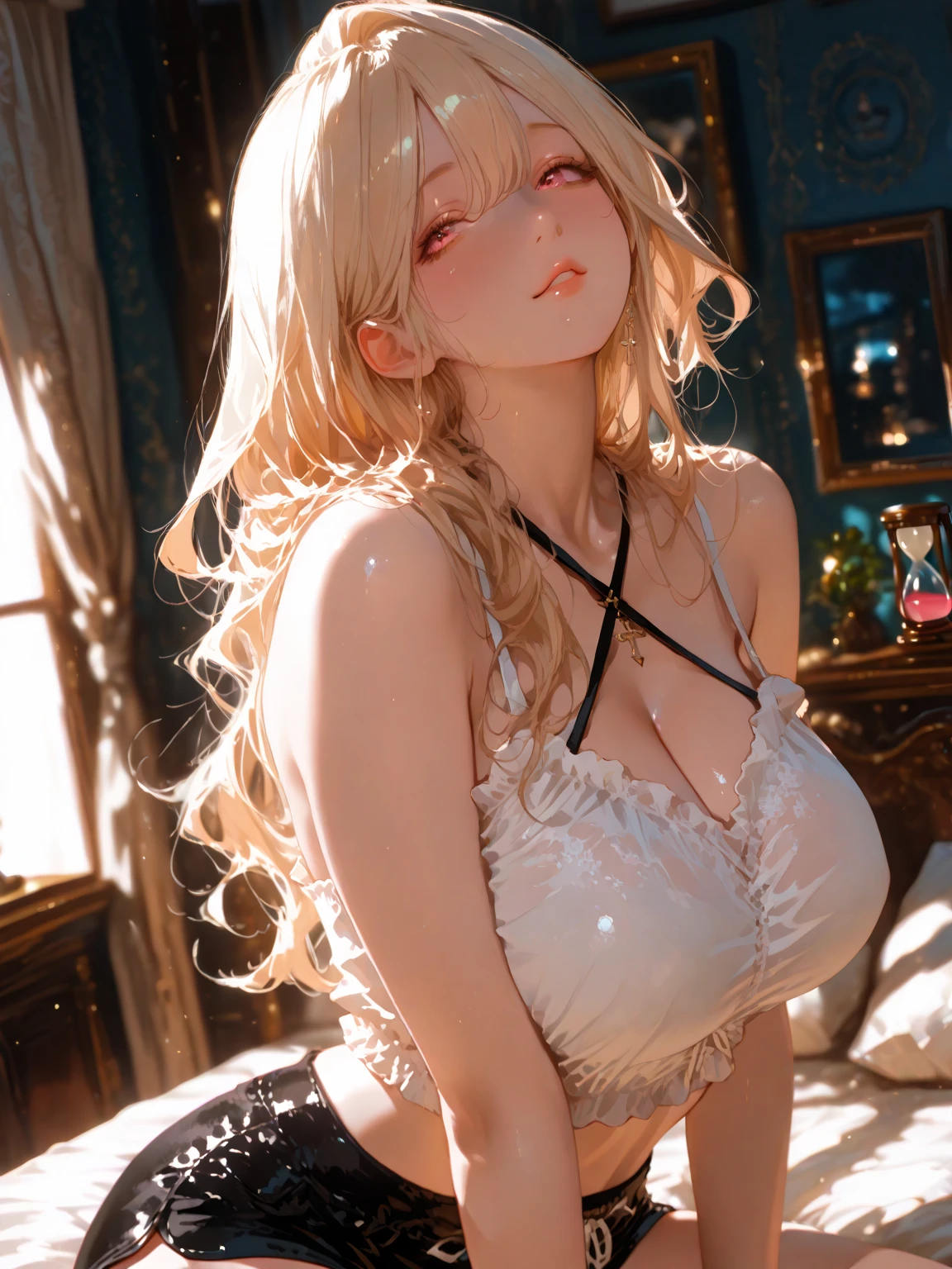 Beautiful hair anime girl, white underwear, art station, cute anime girl, cute anime girl portrait, cute anime girl, cute anime girl portrait, cute realistic portrait, cute girl anime visual, cute anime girl portrait, portrait anime girl, anime style portrait beautiful anime girl, full body, smile, (huge), navel, thin waist, (big hips), thighs, from below, cleavage, under boobs, shoulder off Sheer dress, big boobs, large breasts