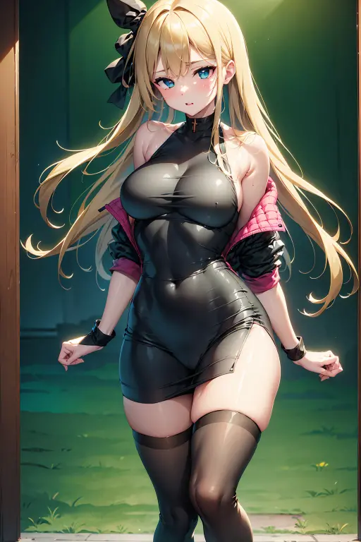 SLE, mksks-style, Top quality, Masterpiece, Detailed background, Very detailed, Complex and detailed face, Long eyelashes, Detailed eyes, (Adult female, standing: 1.1), (High ponytail: 1.3), (Thighs thick: 1.0), (Big: 1.3), (White background: 1.3),

(Solo: 1.3), (Blue eyes: 1.3), (Blonde and black mesh: 1.2), (disheveled hair: 1.1), (Red collar: 1.2), (Thick lips, pink lips: 1.3), (Pink eyeshadow: 1.2), (Moisturized eyes), (Rope all over body: 1.3), Open legs, best smile, cheeks dyed red, full body