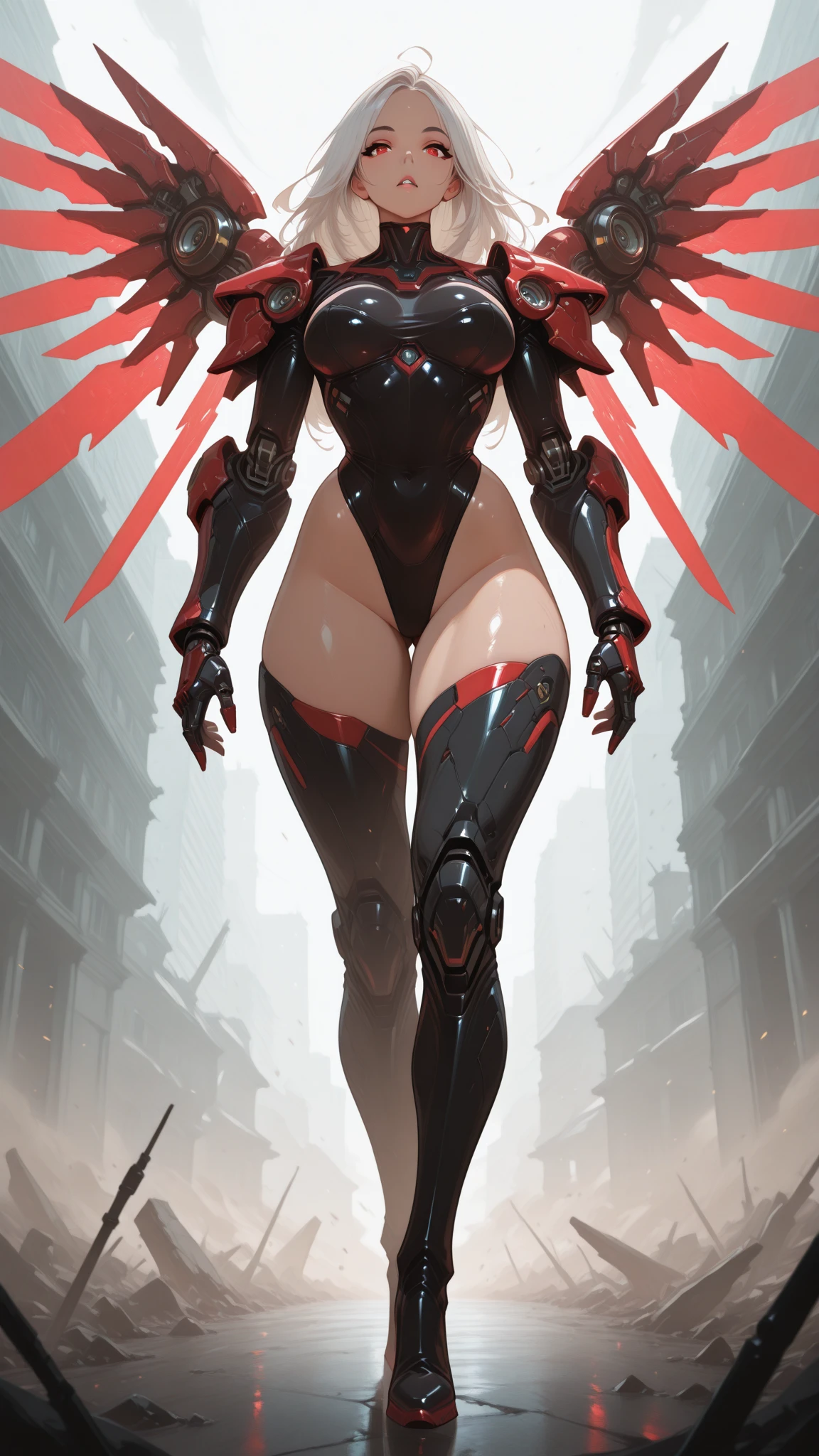 a towering robotic figure, Elesh Norn, Mother of Machines, Phyrexian cyborg, intricate machinery, organic biomechanical elements, glowing energy conduits, imposing presence, futuristic sci-fi landscape, dystopian industrial environment, muted color palette, dramatic lighting, cinematic composition, detailed rendering, photorealistic, masterpiece