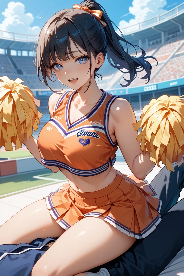masterpiece, best quality, highres, aanaga, long hair, one side up, hair ornament, hairclip, dark skin, large breasts, <lora:naga_(nikke)_v1:0.7>, cheerleader, pom pom \(cheerleading\), sleeveless, midriff,  miniskirt, stadium, sweat, smile, open mouth,