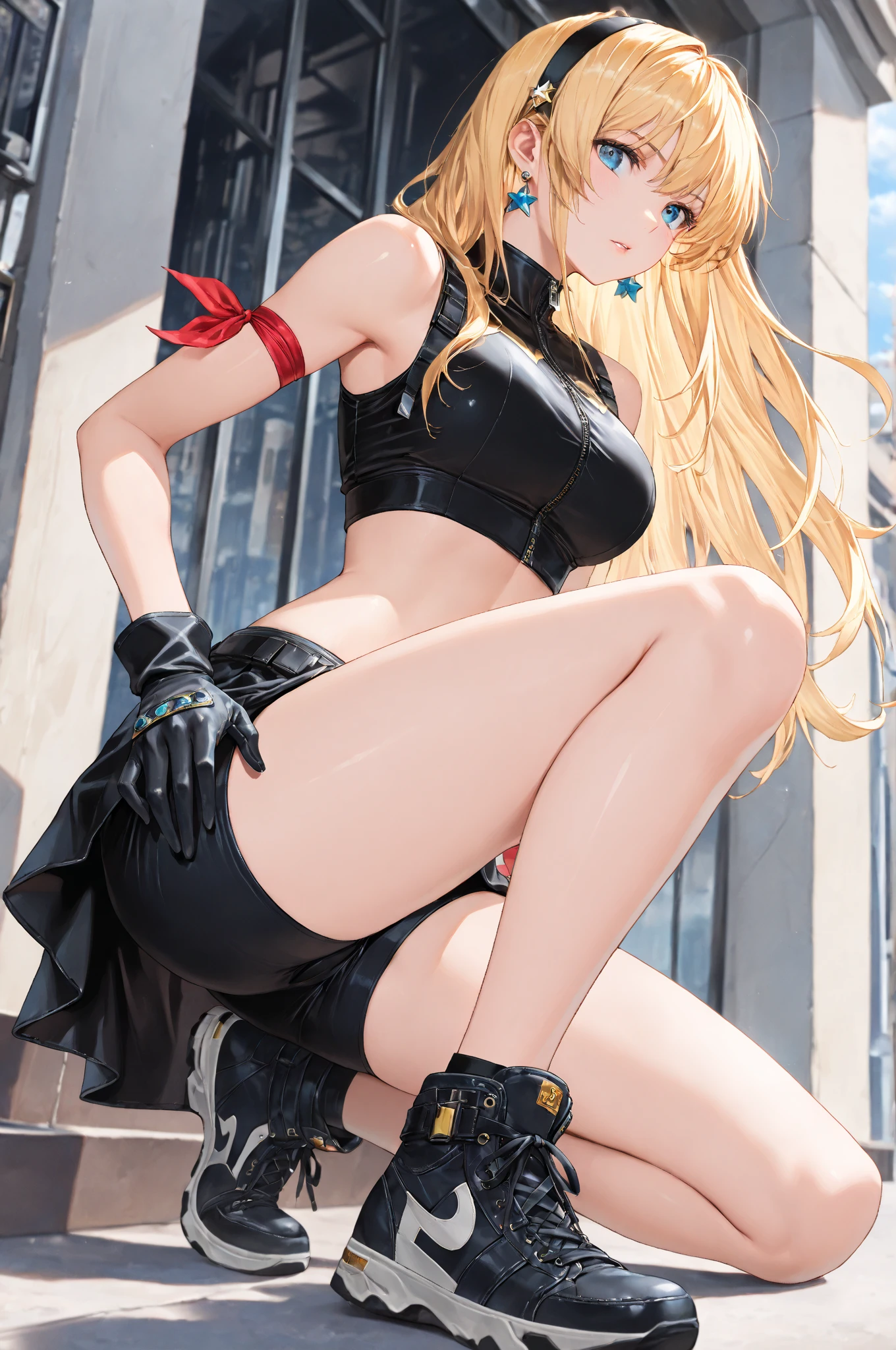 (realism:1.5、highest quality、masterpiece、High resolution、must-have)、snow mountainに立つ1人の23歳の女性、cyber punk、(red flared skirt、Red combat uniform、choker、knee high socks)、fine eyes:1.7、Fineness of the eyes:1.8、beauty of skin:1.8、(looking at the camera:1.2)、(Photo seen from below:1.3)、(medium hair:1.2、bright blonde hair:1.5)、expression(shy smile) :1.3、blush:1.3)、Pause(誘惑Pause:1.5)、heart accessories、Heart-shaped、background(snow mountain:1.5、Remains、apocalyptic world)、(Medium chest、slender、abs:1.2)、(detail perfect)face)、normal hands:1.5、normal finger:1:5、normal feet:1.5、(cameltoe)