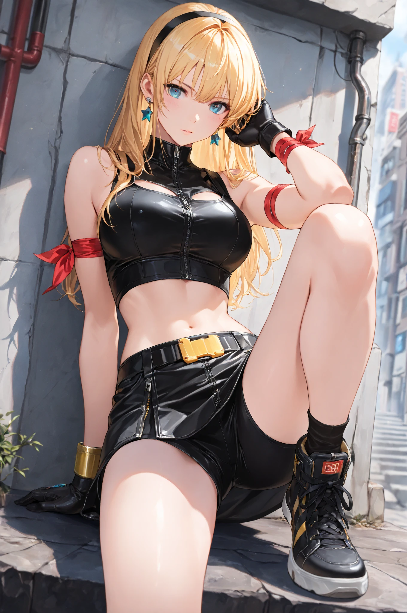 (best quality,4k,8k,highres,masterpiece:1.2),ultra-detailed,(realistic,photorealistic,photo-realistic:1.37),anime style:1.2,portraits,high contrast,soft lighting,smooth brushstrokes,dynamic scene,colorful,short skirt,flirty top,bold makeup,playful expression,twisted pose:red and black gloves:1.1,long vine boots,background with colorful graffiti:1.1, Menina anime in a short skirt and top posing for a picture, seductive Menina anime, fighting pose, short gloves, red and black gloves, long vine boots
