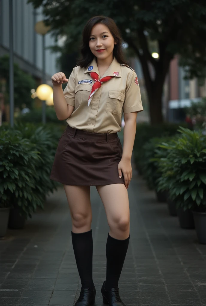 Young sweet beautiful Indonesian girl, 18 years old, slim body, very georgeus face, beautiful small breasts, wearing white dirty short hijab to covering all her hairs, a senior smart indonesian scout trainer at camping zone, a strong and humble girl, wearing khaki very dirt long sleeve all unbuttoned indonesian scout jacket, there is a red cross badge on her pocket, wearing dark brown folded up long skirt, wearing black sport shoes, very realistic, very detail face, no cartoon, all good fingers have normal shape, normal legs shape, siting down limp lazy opened wide legs on lazy chair at in camping zone, sun shining to her body, vagina and breast are exposed and visible, sweat on all her skins, many sweat flowing on her redish exhausted face, enjoying her jobs, exhausted eyes, very exhausted face, her dark hairy vagina exposed, very dense hairs under her stomach are visible, no bra, no panty, no underwear, nude, she is forget to get dress,