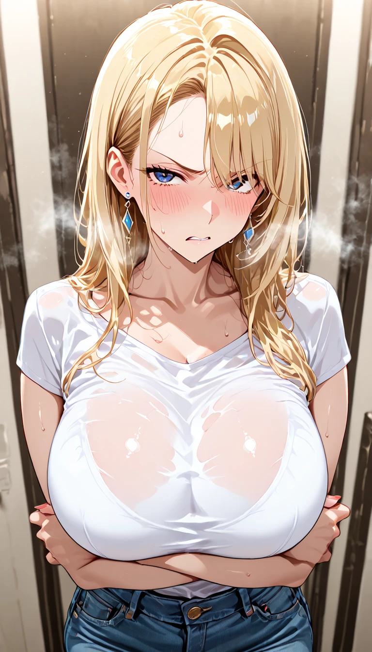 (rainning), wet white clothes,see-through shirt,full body,standing on street, from above, looking at sky, crying, masterpiece, best quality, Very aesthetic, absurdres, highres, JK,huge tit,1girl,,mercy(overwatch)