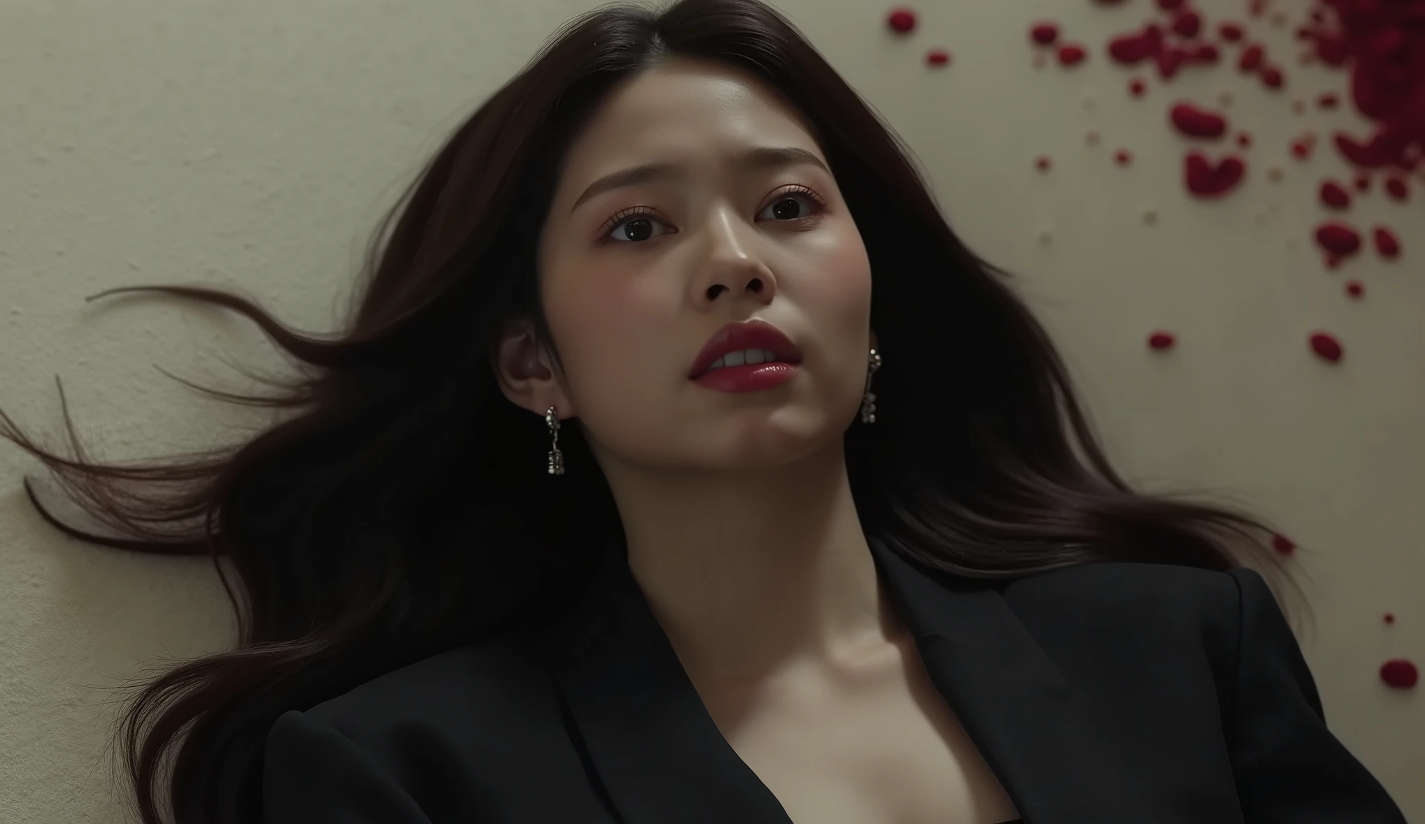 Masterpiece Most Realistic Photograph Detailed but Slightly Dull Background Sharp Personalities Best Quality (Wallpapers 8K Very High Detail) (best illustration) (The best shadow) Realistic Lighting High Resolution Realistic 30 year old Asian woman, handsome, wearing a black suit, showing a slight chest, she was shot in the forehead, bullet wound in the middle of the forehead, bullet hole on the top Her forehead was slightly bleeding, no hair covering her face, her eyes drooping wide in fear, her mouth open, her face full of emotion, showing a sexual climax, but she died, lying on her back on a blood-stained white carpet in a luxury hotel.