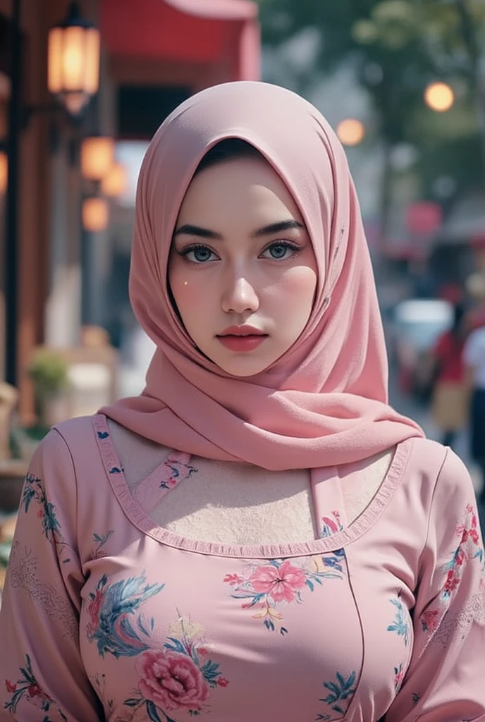 Realistic photo,wearing dress and long hijab, look from side, hyperrealistic, masterpiece, sweet ekspresion, melancholy , closeup photo, bright eyes, sexy lips, detailed makeup, detailed eyes cornea, wearing hijab no hair looks, blush pink cheek