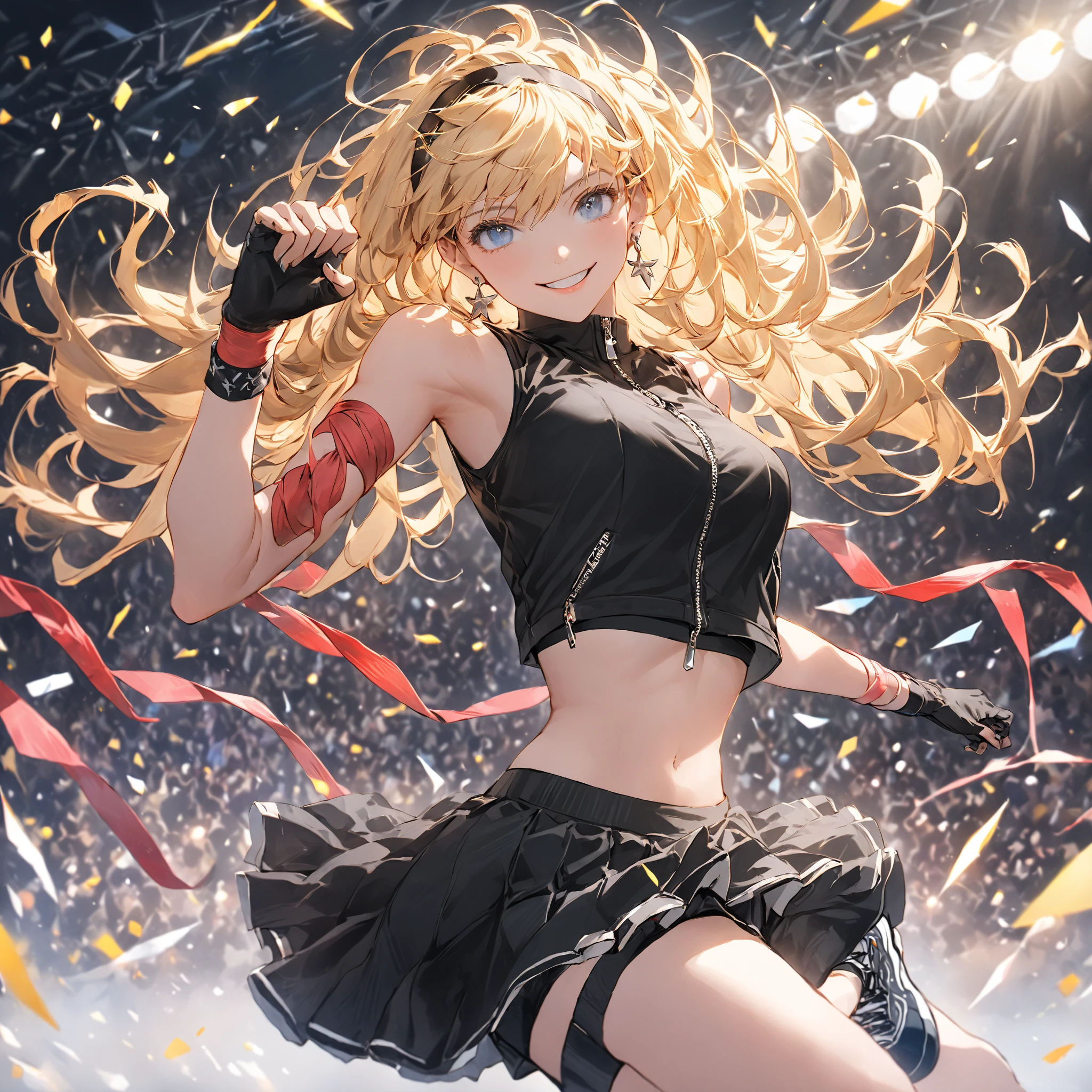 ​masterpiece、top-quality、hight resolution、High-quality images、8K、2 Maidens、skin gloss、Lustrous hair、cabelos preto e longos＆platinum-blonde long hair、Superstar、rock band、musicians、vocal＆guitarrist、Black Leather Stage Costume、Intense performance、spot light、Hot