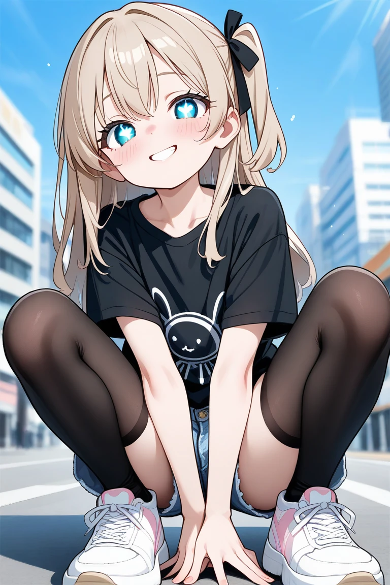 masterpiece, best quality, absurdres, perfect anatomy, 1girl, solo, Sena Kashiwazaki, long hair, baseball cap, graphic tee, denim shorts, pantyhose under shorts, sitting, stairs, outdoors, city