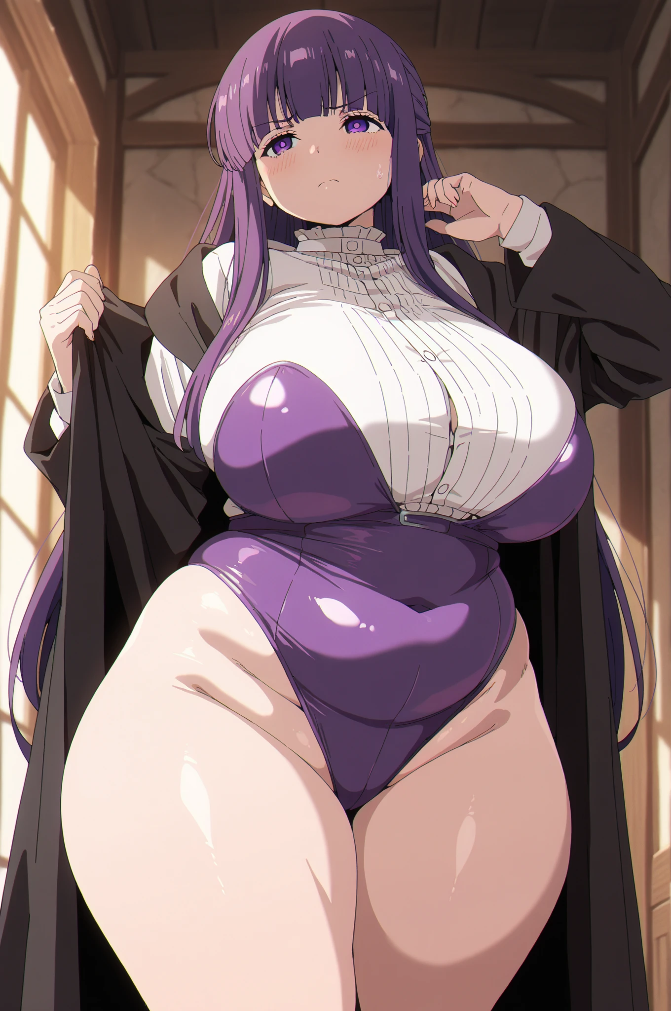 best quality, masterpiece, 1girl, (solo:1.1), raytracing, ultra detailed,detailed face, 8k wallpaper, wide hips, FernNDV, 1girl, purple hair, purple eyes, large breasts, long hair, open clothes, black robe, white shirt, smile, outdoor, hands on hips