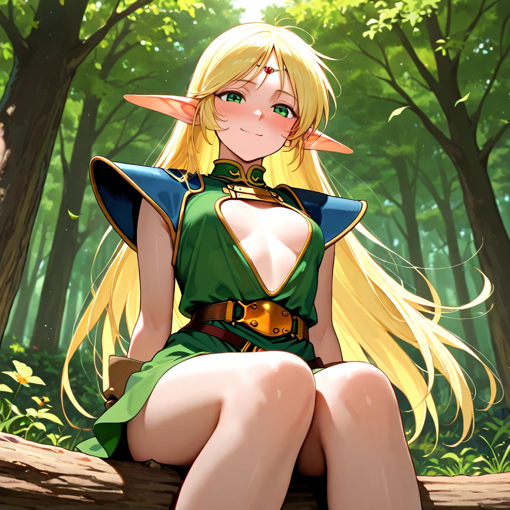 Anime Style,Nostalgic,Detailed background,The medieval world,A bustling square with many people,Smiling bard beautiful elf girl,flute,Large Breasts,Underarm,Healthy thighs