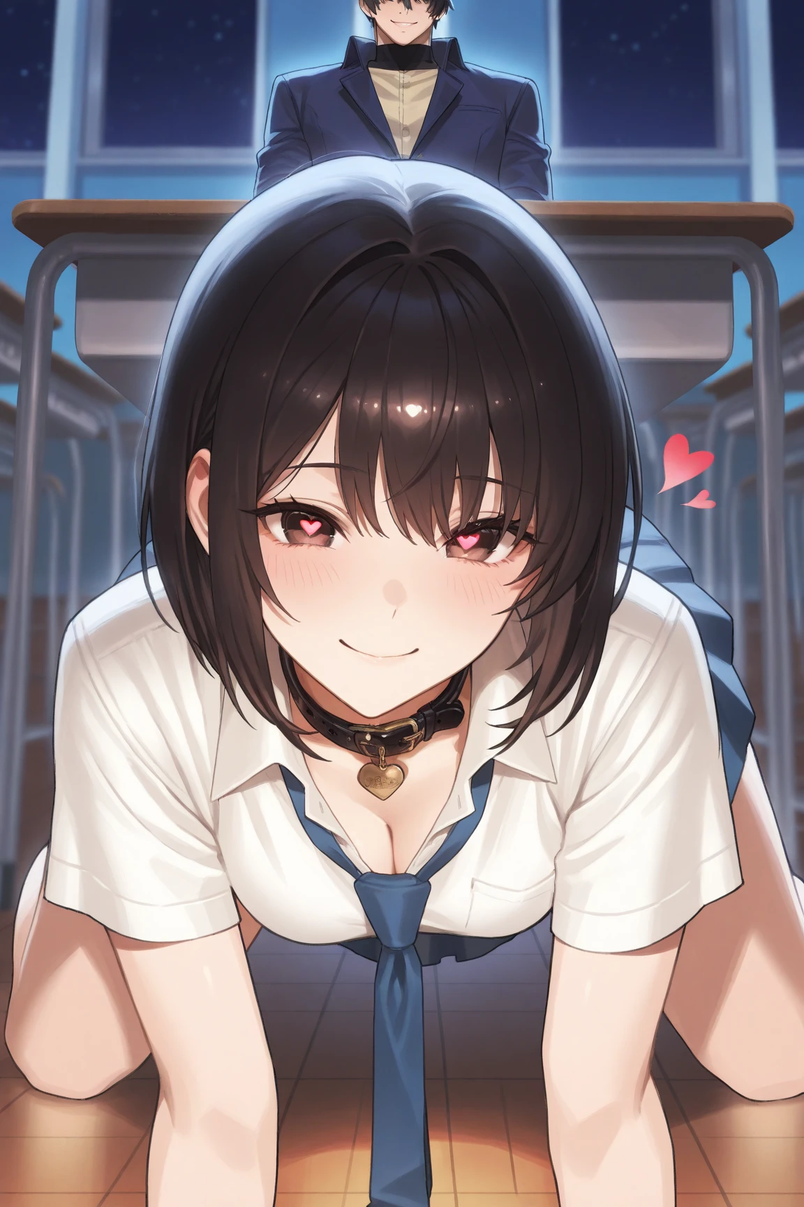 1 Female, Age 20,whole body,Standing,Staring at the audience,Shiny black hair,Black hair medium bob,bangs,Class President,((face)), In the heat, Sulky face, Pink Eyes,Big Boobs, White shirt,Navy blue tie,skirt,High quality anime, Vulgar,(90s Anime), ((Sweat)), Mastepiece, Ultra High Quality, High resolution, 8K, background:live-action,background:Super Real,background:Photographic school classroom,Window,sunlight,((Fisheye Lens)),backgroundボケ,(Low - Angle),