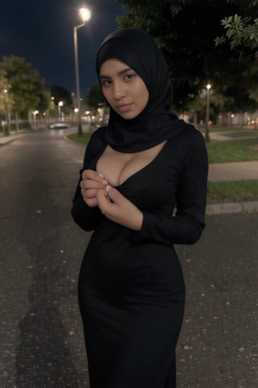 32 Years old, Indonesian mature woman, wearing narrow Hijab, perfect , natural Gigantic breast : 66.9, gorgeous eyes, Soft smile, Diamond Necklace, wearing tight abaya, body hugging abaya, Nightime walk, City garden, Excellent lighting, Light colors, Clean Lines