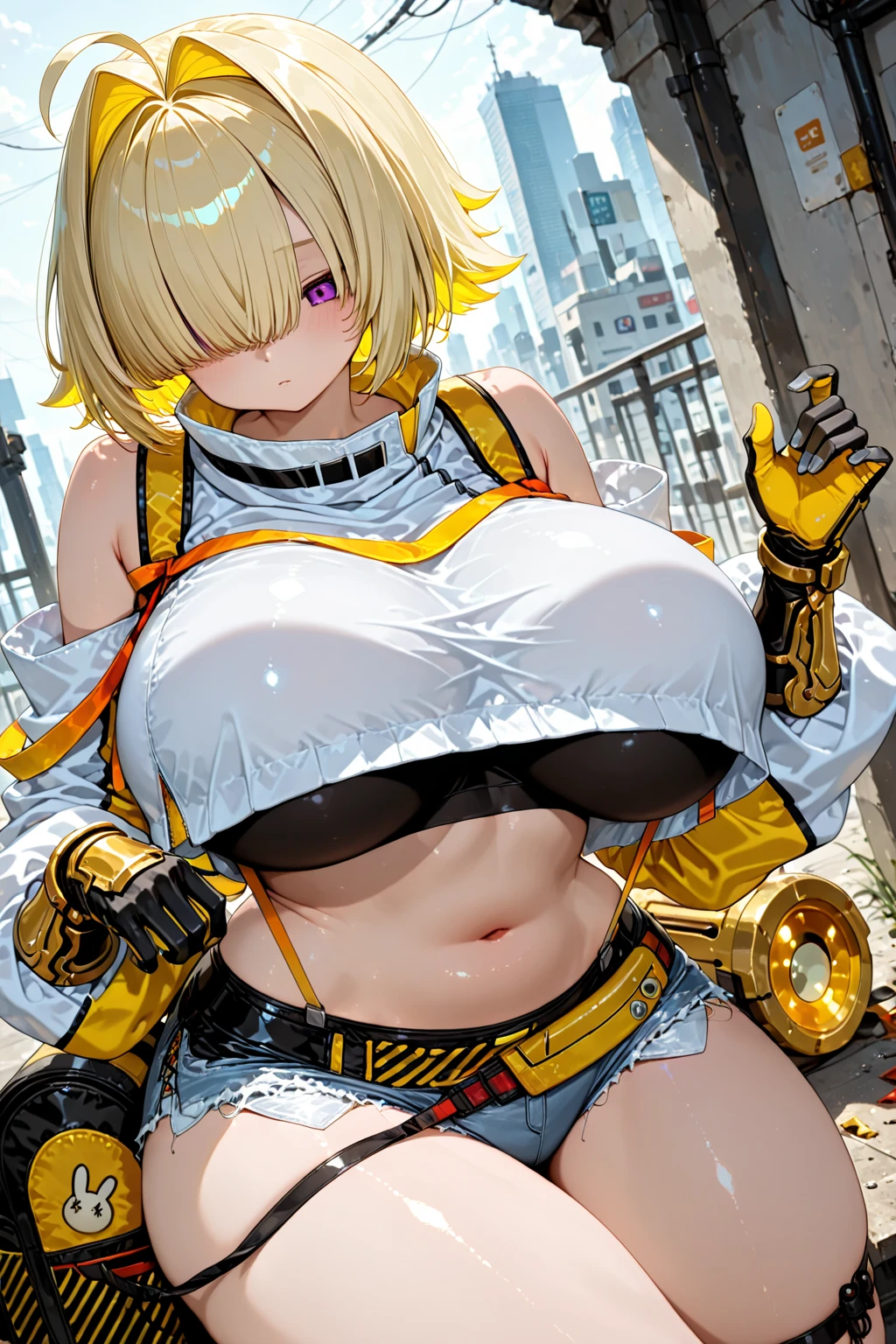 (((best quality))), (((high resolution))), (((masterpiece))), ((ultra-detailed)), (illustration), ((an extremely delicate and beautiful)), ((super detail)), (((20 years old))), ((adult)), (((tall))), gleaming skin, shiny body, breast focus, ((((ultra-huge breasts)))), elegant smile, ((big round eyes)), cute eyes, drooping eyes, two hands, five fingers, no extra hands, two legs, slender legs, ((biopunk)), ((metallic cloth)), (android), gynoid, delicate metal decorations, (medium length hair), (hair shorter than shoulder), braid, (see-through), mini skirt, ((midriff-baring outfit)), (shining brightly), outdoor, daytime, city, (pink blond), (super heroine), (cheerleader), ((metallic blue)), (slimy shining), (spread legs), camel toe, sit with legs stretched out, soaking wet, pussy juice, ((topless)), erotic, seductive, nsfw,