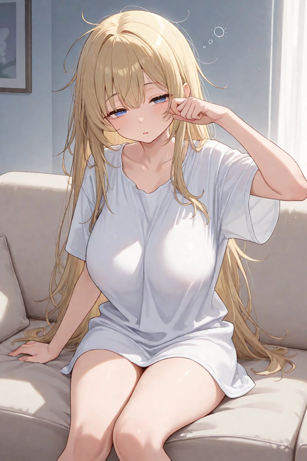 ((masterpiece)), (Highest quality), (Simple style), Blonde, long hair, golden eyes, indoors, no underwear, choker, cleavage, bare shoulders, open clothes, cardigan, uniform, shy