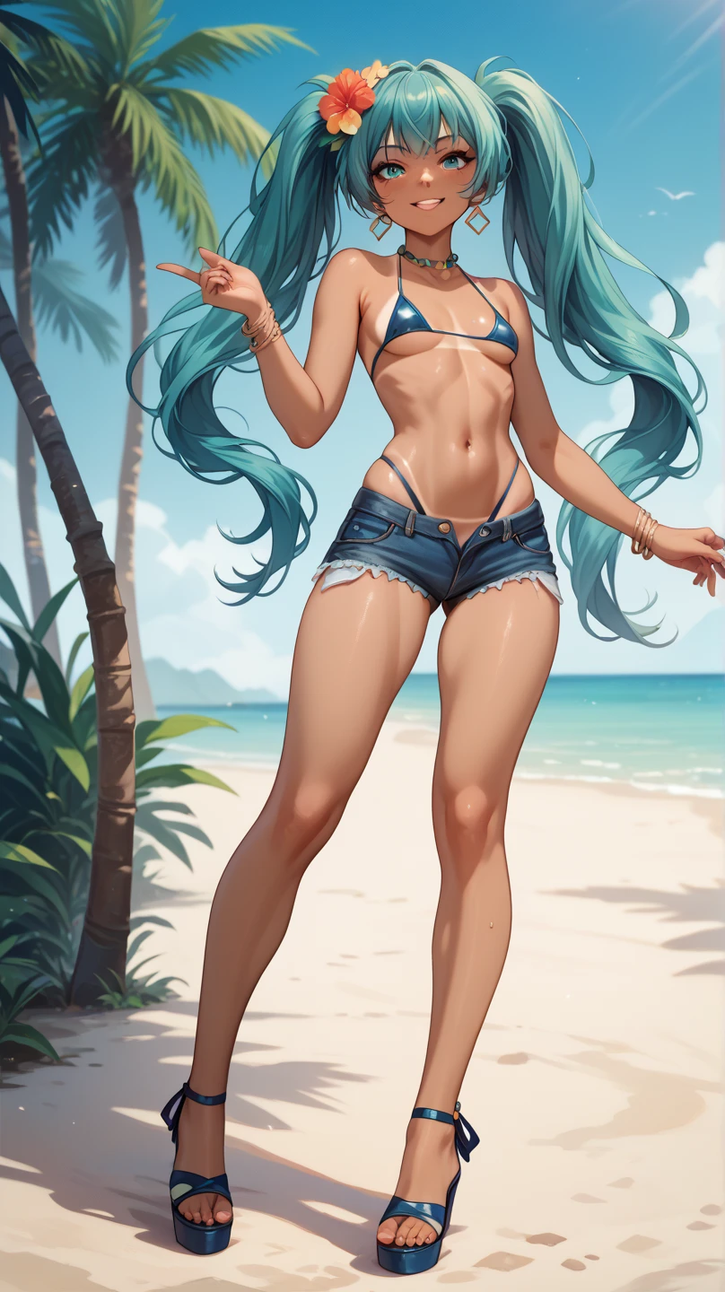 A fashionable Brazilian female super model, the simpsons, windy hair, character sheet, bright bold colors, african american, beach background