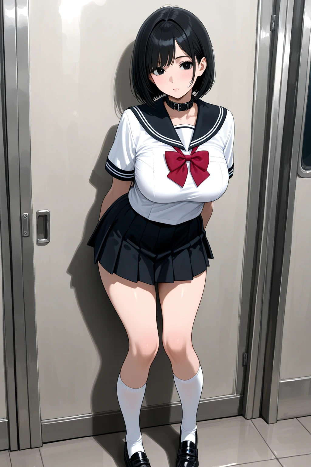 2 girls, by 2 person, Girl's brown eyes, black hair, medium long hair, Inward roll、(Navy blue sailor suit:1.4),indoors, Cafe、very big breasts、publish one'chest of、Naked things'chest of、blush、embarrassing、scary face、I'm worried、confused face、a large amount of breast milk comes out of the nipples,、Breast milk gushes from the nipple、very short skirt、micro mini skirt、female shape'Private parts are clearly visible、vibrator in thighhighs、The crotch is wet with love juice、Massage the breasts、Looks painful、Full body portrait