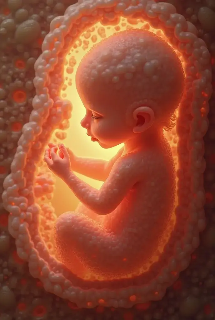 "A soft-focus image of a glowing fetus in the womb, surrounded by warm, nurturing light, showing divine care in creation, ar 16:9"
