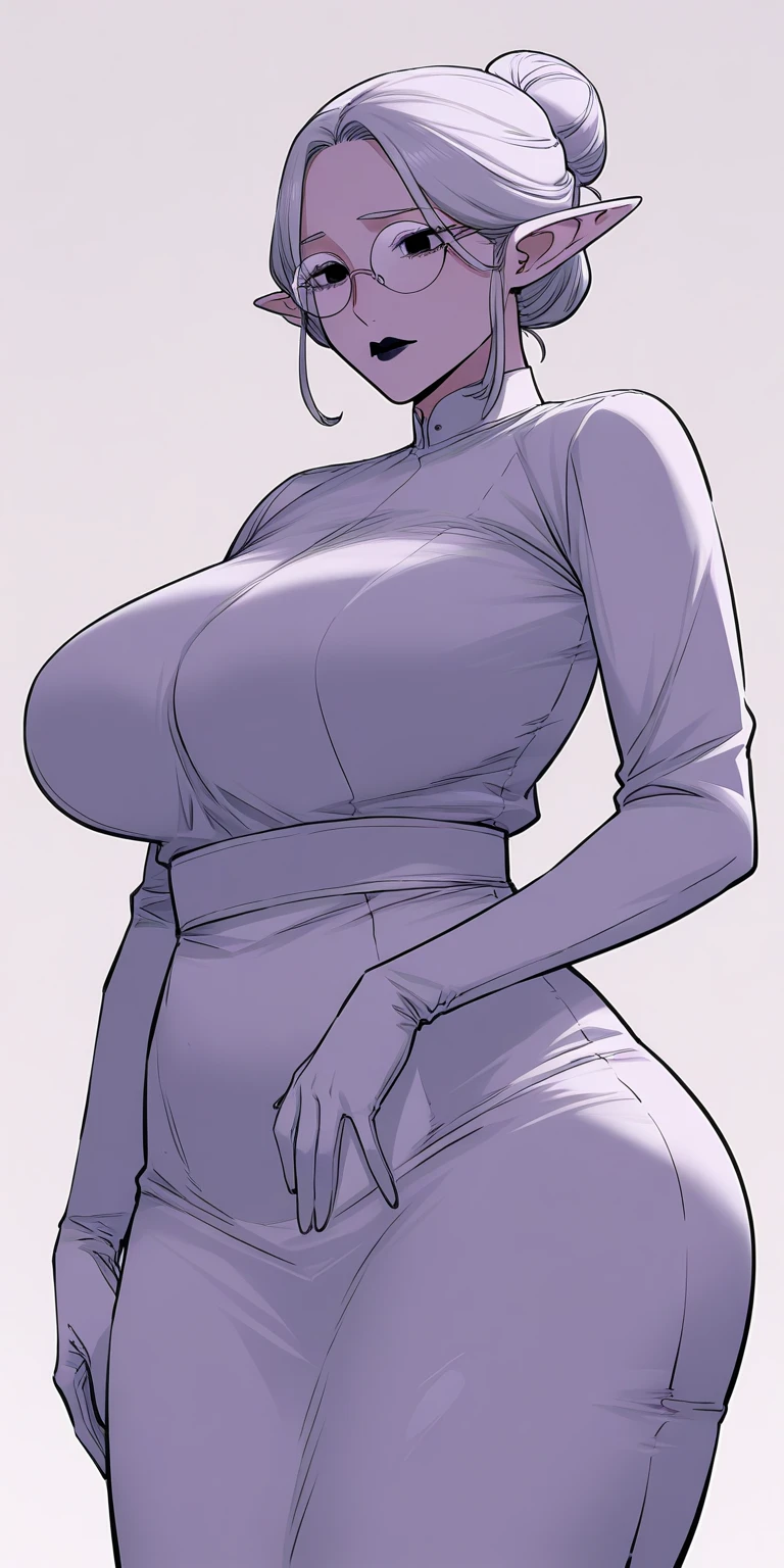 milf, 1girl, large breasts, giganticc breasts, huge breasts, mature female, heavy breasts, short hair, silver hair, light skinned female, printed dress, top cropped, thick dress, pantyhose under dress, violet scarf, orange eyes, large ass, Curvilinear waist, breasts resting on the arms, arms under breasts, looking at the viewer, flushed face, bra edges on dress, sensual cleavage, on the town park, holding a shopping bag, full breasts, breasts larger than head, mature face, curvy female