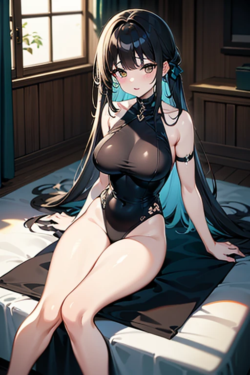 (highest quality、8K、masterpiece:1.3))、Beautiful woman、big breasts:1.3、thin abs:1.1、long black hair、light blue eyes、Glassy Eyes、highly detailed face、highly detailed lips、detailed eye、double eyelid、nipple、big areola、whole body、open the thighs、having-sex、dark pubic hair、lie down on the bed,penis insertion、have sex、Penis that entered the vagina、vagina into big penis