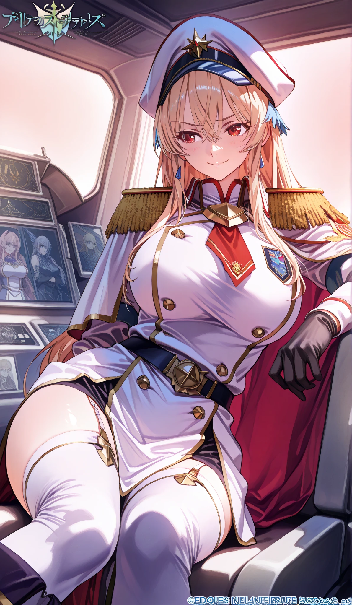 A female empress, white-haired, with yellow eyes, red nails, showing breasts, legs open showing pussy, with an angry face and a provocative look, mouth open with tongue out. Wearing traditional Chinese imperial clothing, decorated in gold with black details, with red Hanafuda earrings, with a short red skirt. Kneeling on a hotel room bed with the sunset at the window in the background.