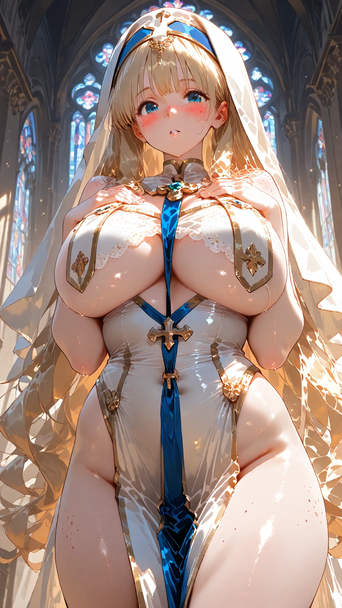 (close shot, Best Quality:1.5, high resolucion, UHD, 4k, detailed lighting, Shaders), Blonde wavy hair, White Princess Dress, large full breasts, cleavage, skirt, thighlet, stocklings, (glowing red eyes), Dark dungeon background, huge saggy breasts:1.8, huge plump sexy nipples:1.9, huge sexy pussy, sexy legs:2.0, hugging the legs, hug the legs, leg hugging, leg hug with squat, sex pose, lying down for dick, lying down with leg hugging, breasts and legs look so sexy, (breasts milk, breastfeeding, lactation)