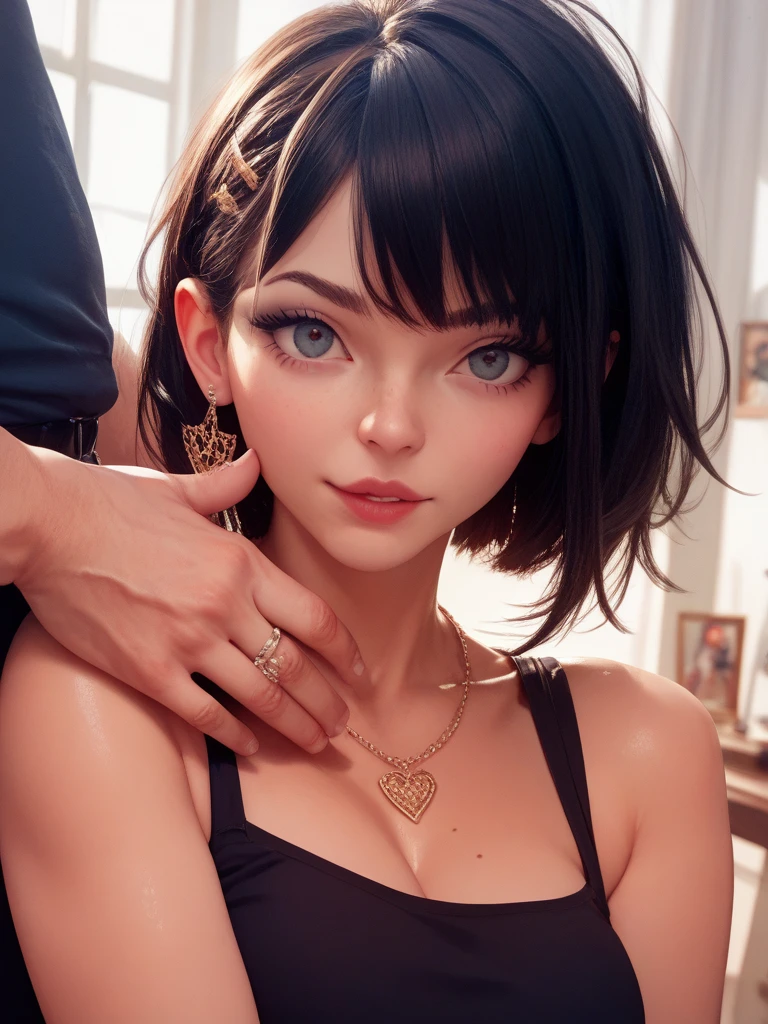 (masterpiece, best quality:1.2), noodle (gorillaz), black hair, 1girl, streaked hair, black eyes, multicolored hair, bangs, parted lips, breasts, small breasts, bob cut, 1girl, 1boy, giving handjob, handjob, dick, White background, masterpiece, best quality, absurdres, highres, 4k, ray tracing, perfect face, perfect eyes, intricate details, highly detailed, cum, girl , strokes a penis, girl kisses the penis, sexual expression, seductive smile