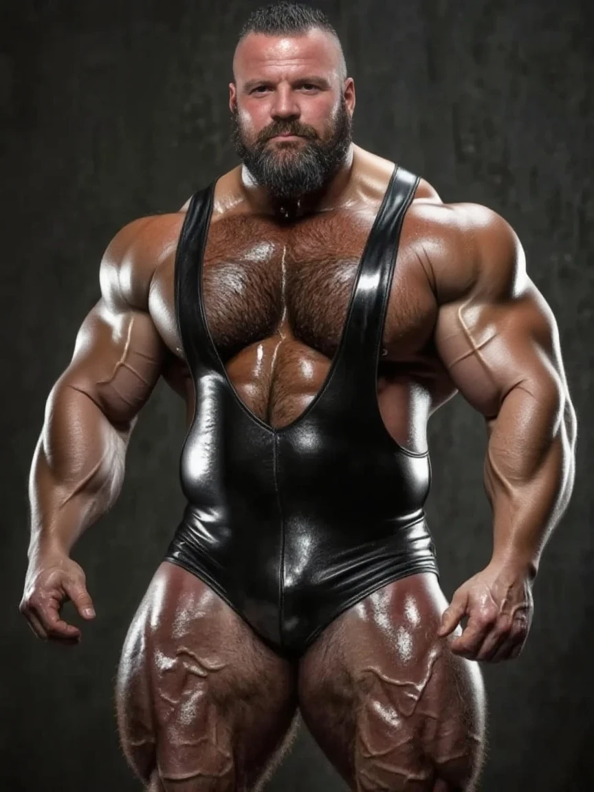 There is only one handsome Asian actor in the photo，35 years old，High target, Fitness，short hair, O-Shaped Beard，Perfect body, Dark skin color，Radiant Skin，Smooth skin，Muscle bulge, muscular, Very large pectoral muscles，Very sexy abdominal muscles，Very well-developed leg muscles，Huge concave and convex area，Brightens oily skin，Wearing black leather shiny thong，Handsome face， Correct and accurate male body proportions, Wear black socks，There are iron chains around the body，Standing in front of gray background。
