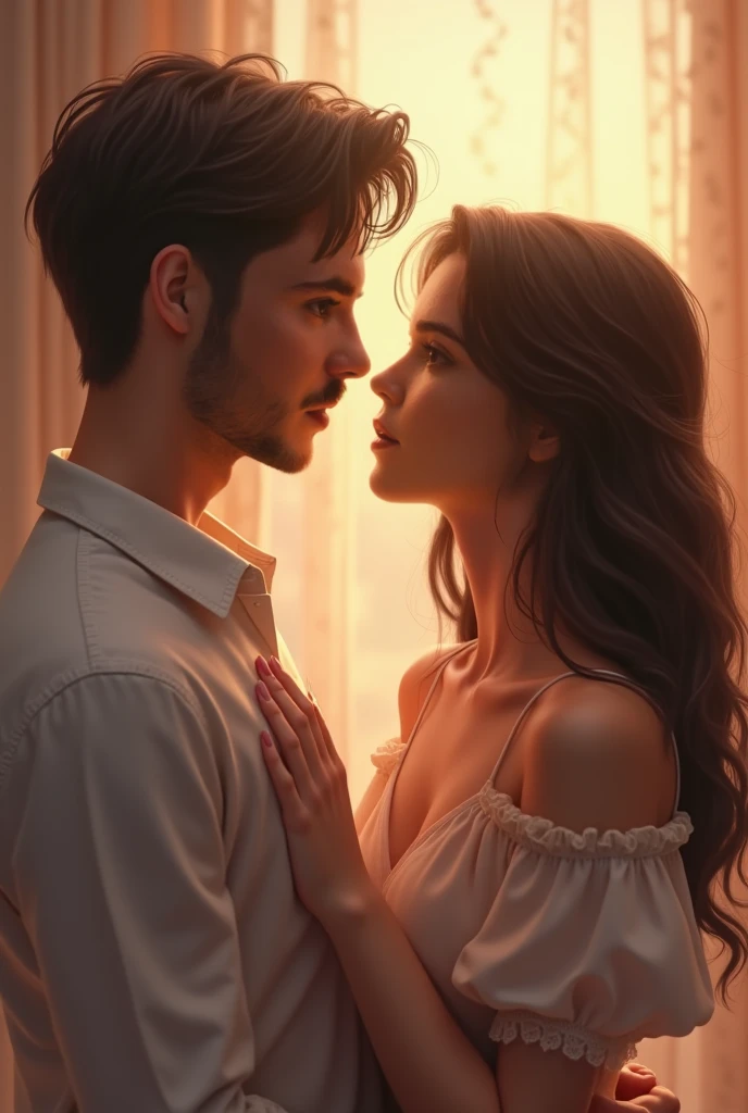 A woman gently holds a man's face, her eyes filled with understanding and care. Behind her, a soft glow emerges, while behind him, shadows and dark thoughts begin to fade away