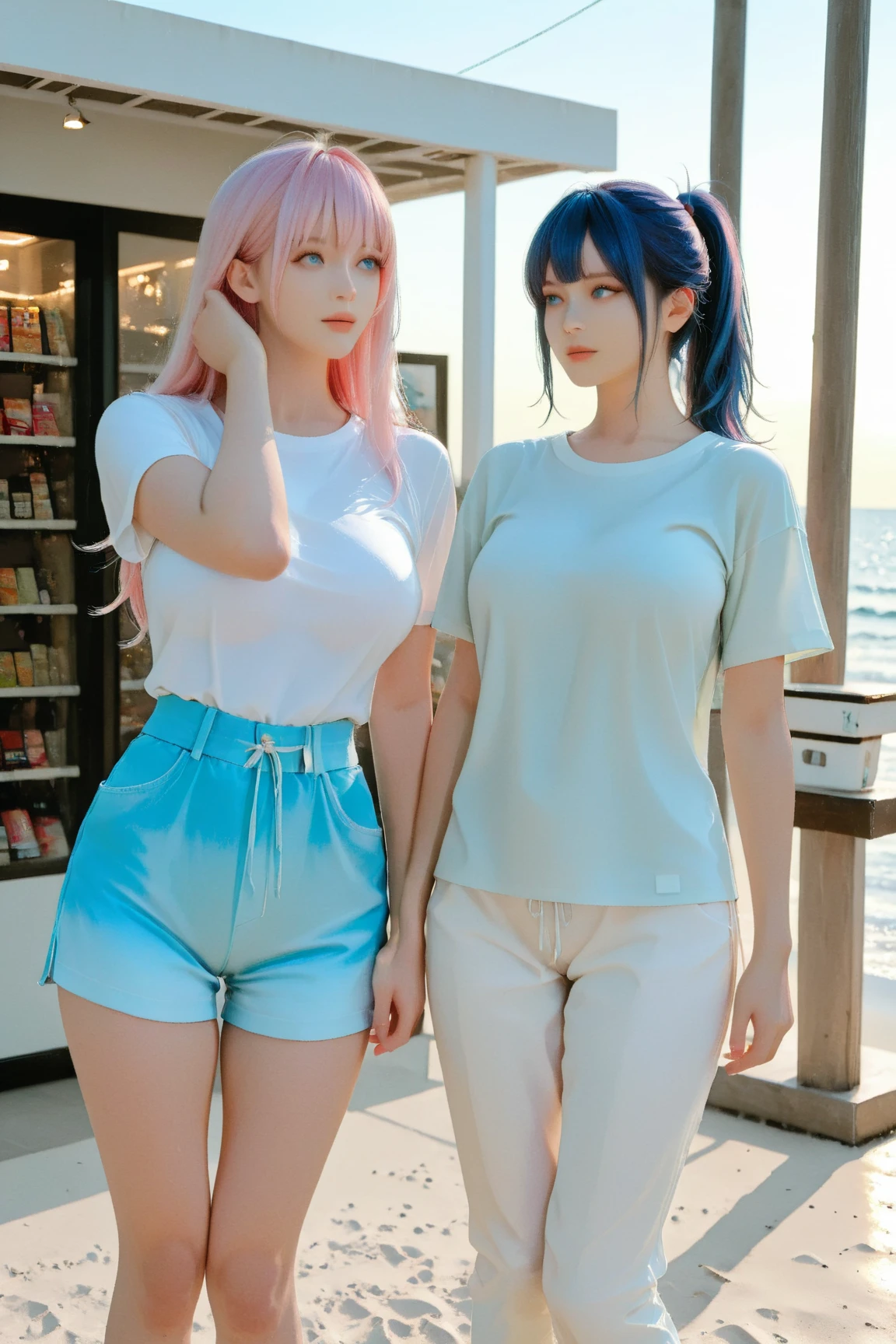 19 year old woman, alone, short light blue hair, very  pale skin, wearing a boob tube, grey shorts, black boots, standing in a desert with bright blue sky that has 2 suns.