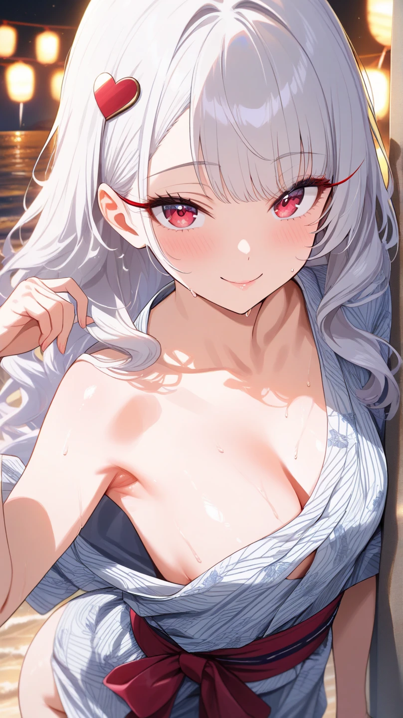 Japanese girl Long white hair Red eyes Sleeveless clothing Sideboob White scarf