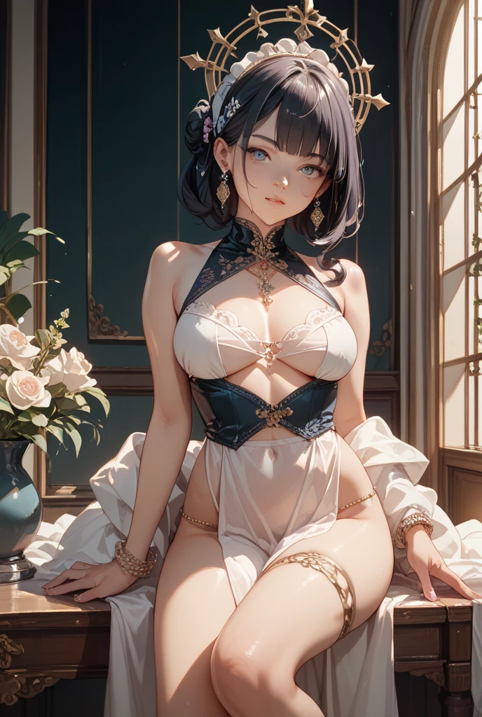 (masterpiece, top quality, best quality, official art, beautiful and aesthetic:1.2), (1 girl), Extremely detailed,rich and colorful,most detailed, official art, unified 8k wallpaper, Super detailed, beautiful and aesthetic, beautiful, masterpiece, best quality, (zendispute, mandala, dispute, endispute) ,holy light,gold foil,gold foil艺术,Flash drawing,Large breasts，Sexy Lingerie