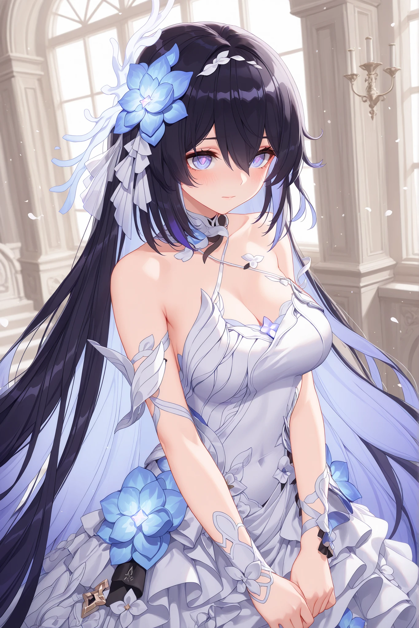 ultra-detailed,(best quality),((masterpiece)),(highres),original,extremely, beautiful woman, Seele_Alt, Herrscher of Rebirth, honkai impact, 1girl, girl friend, breasts, wedding dress,solo,