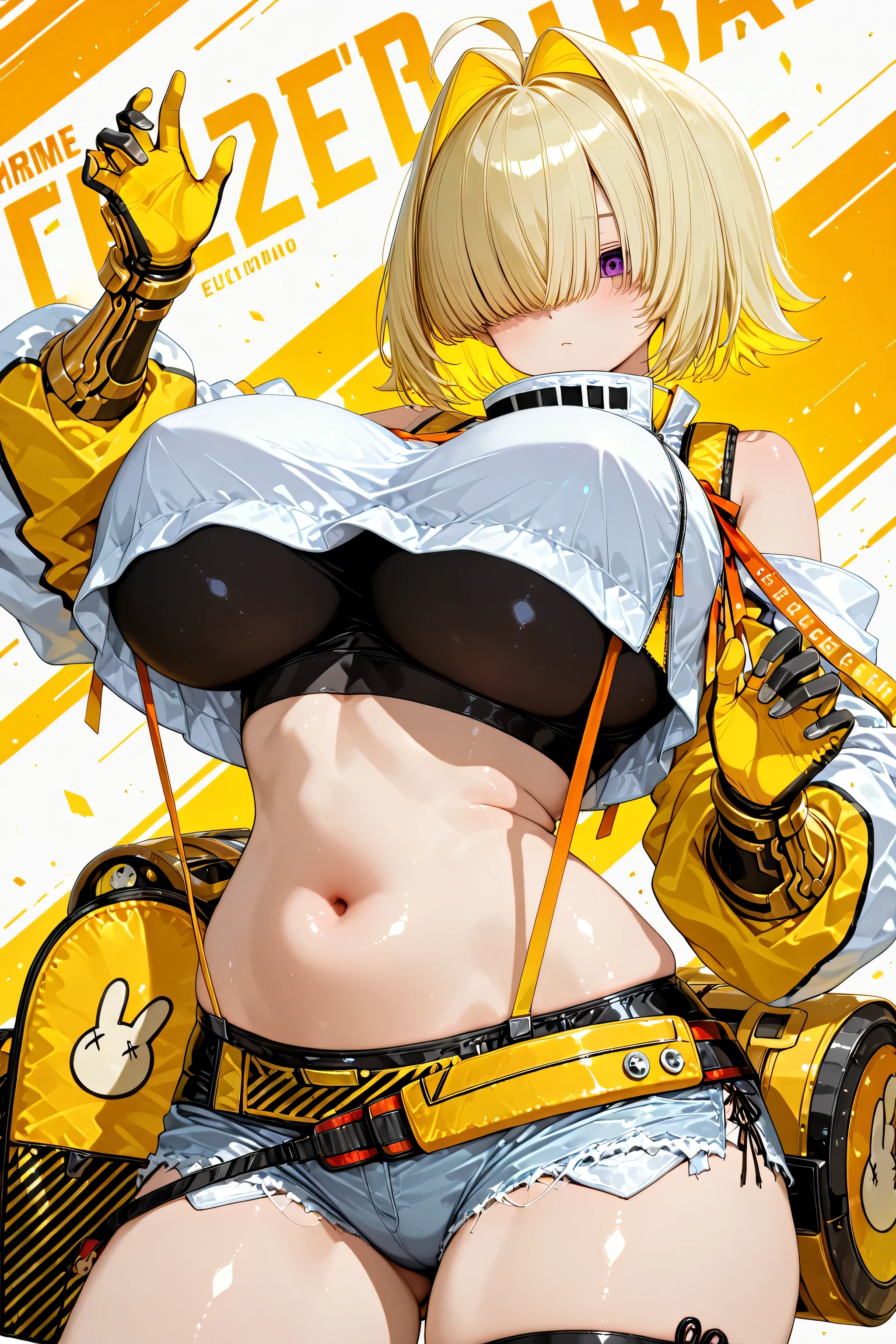 elgg, purple eyes, hair over one eye, bangs, hair intakes, blonde hair, short hair, colored inner hair, yellow hair, ahoge, huge breasts, crop top, white shirt, bare shoulders, suspenders, black sports bra, navel, stomach, micro shorts, white, cutoffs, two-tone gloves, belt, thigh strap, thighs, long sleeves,