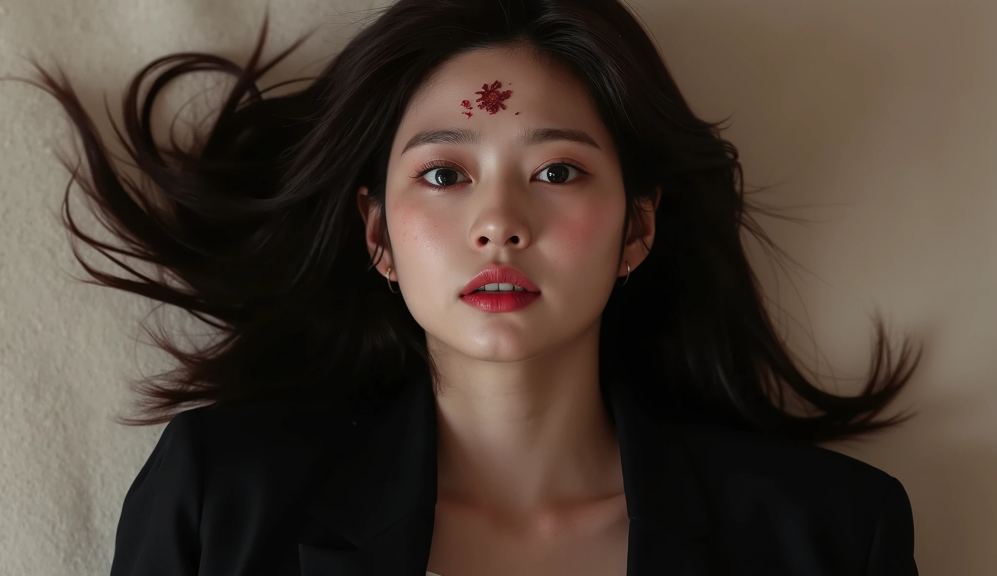 Masterpiece Most Realistic Photograph Detailed but Slightly Dull Background Sharp Personalities Best Quality (Wallpapers 8K Very High Detail) (best illustration) (The best shadow) Realistic Lighting High Resolution Realistic 30 year old Asian woman, handsome, wearing a black suit, showing a slight chest, she was shot in the forehead, bullet wound in the middle of the forehead, bullet hole on the top Her forehead was slightly bleeding, no hair covering her face, her eyes drooping wide in fear, her mouth open, her face full of emotion, showing a sexual climax, but she died, lying on her back on a blood-stained white carpet in a luxury hotel.