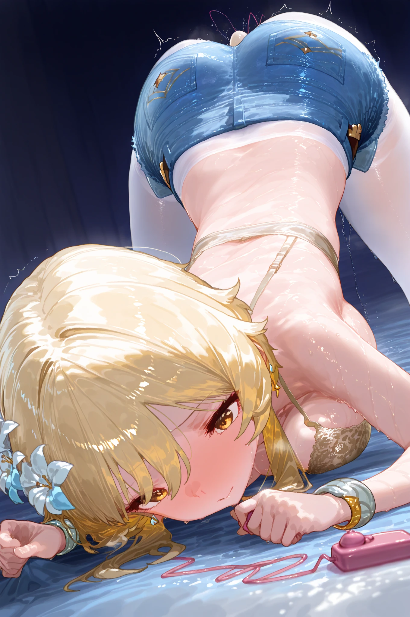 Shiny blond hair, very long hair, sophisticated haircut, ((((hair fully braided)))), ((small twisted braids)), thin and oval face, submissive, ((((naked)))), cute and blushing 18 years old anime girl, look away because she is embarrassed and blushes, bright blue eyes, detailed face, detailed members, detailed arms, detailed hands, Girl lying, tied by ropes, shackled, can no longer move, tied tightly, very hard tied up with lots of ropes, hampered by so many ropes that she can no longer move, bound hands and feet, ropes tie his whole body, tied extremely tightly and forcefully to her bed by a lot of ropes, its limbs are strongly tied together by ropes, his torso is tied up with thick cords, her chest is so tied up with ropes that it sticks out, her legs are tied tightly with thick ropes, his hands are tied behind his back with ropes, she can no longer move her feet, her hands which are tied by thick ropes, she desperately tries to free herself, likes to be tied tight with big ropes, likes to be immobilized by big ropes, lying down, his hands and feet are strongly tied to the railing of his bed, his legs are pressed together and tied with ropes, its limbs are held vigorously by imposing ropes, her hands are tied securely behind her back by ropes, her chest is compressed by strong ropes, she is pressed against her bed and restrained by large ropes, (shibari, arms behind the back:1.4), (hands on the back), (masterpiece, best quality) 1.5, 1girl, solo, (sexy, beautiful woman, perfect face, perfect eyes, perfect hands), samus aran, (hands on the back), Spread the legs, s' ((lie in bed by big ropes)), ((close up of the girl)), ((((lie in bed)))), ((((arms tied behind the back, Legs Tied,La fille est allongée sur le ventre, La fille est allongée sur le sol:1.5)))), ((((girl seen from behind:1.4)))), ((((girl lying down on her stomach:1.4)))), ((((Outstretched arms:1.5)))), ((((Detailed hands:1.5))))