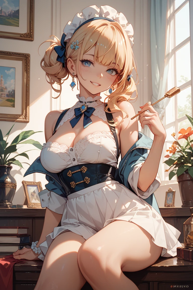 ((masterpiece, highest quality, Highest image quality, High resolution, photorealistic, Raw photo, 8K)), Ultra Wide Angle, blonde, maid dress, mini skirt, medium hair, onnanoko, (cleavage:1.3), (side boob:1.2), (wide waist:1.2), sexy thighs, naval, loose appron, sad, blushing, (small breast:1.2), (breast gap:1.6), nipples bulged, raise hand, armpit