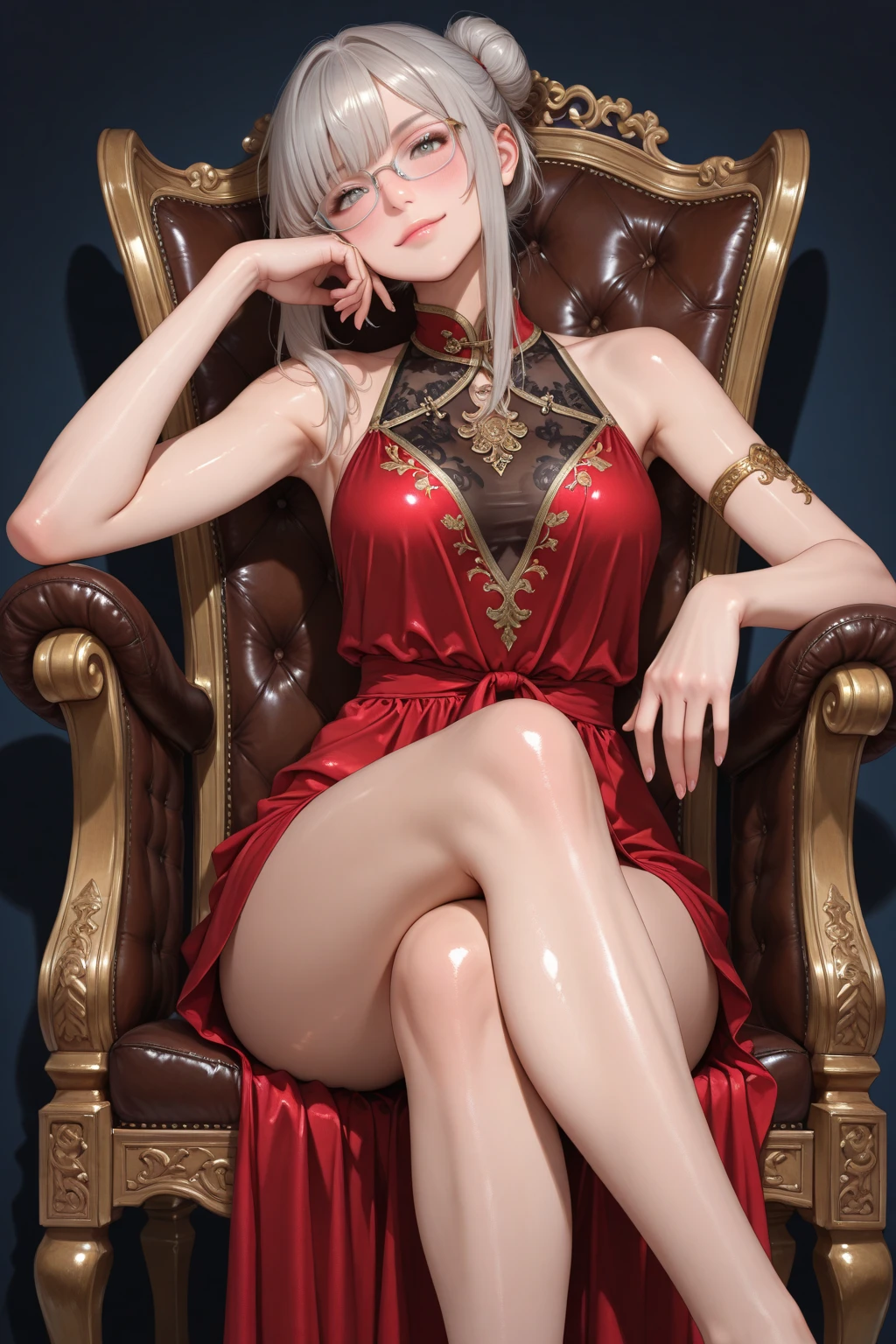 in style of Alexander McQueen
(1girl,character conceptual design),gravure_pose,knee_to_chest,sitting_backwards,lipstick,from below,feet out of frame,toe ring