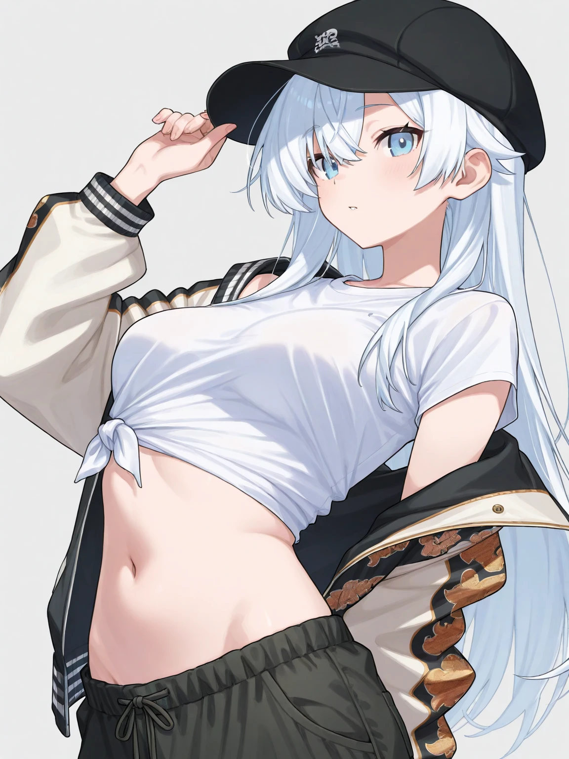 baggy hoodie, bra, cleavage, undone clothing, ponytail, contrappost, white background, :3,