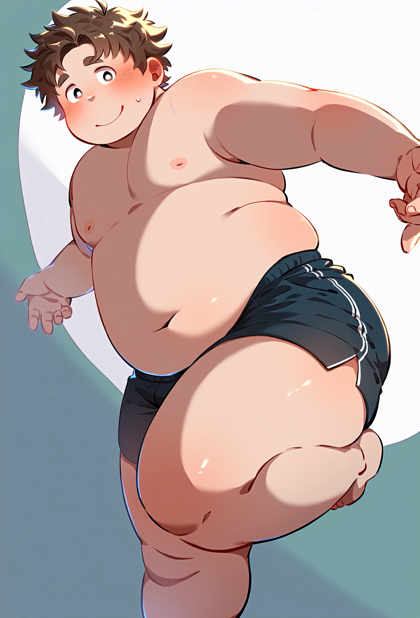 beautiful, (chubby), (very short hair), (pudgy face), (naughty), ((high school students!), (handsome), (thick), (overweight), beefy, (nipples), (cute), (little brat), (naughty brat), (へそ), ぽっちゃりした体, 汗ばんだ体, (臭そうな体), (naked), (nude), (sexy), (つぶらな瞳), (blue eyes)