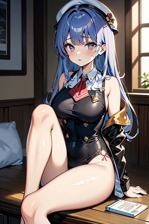 view viewer ,smile,blush, A MILF, Shiny body, Shiny skin, , Huge breasts ,Shiny skin,BTPT-FC,wide hips,Sweat,heart mark,  Heart-shaped eyes,, ,narrow waist , folded ponytail,blue eyes,thick thigh,folded ponytail, white hair, blue eyes, headband, bandana, ainu clothes, cropped jacket, dress, long sleeves, pelvic curtain, thighhighs, wrist guards, sideboob,indoor,sitting on chair,open mouth