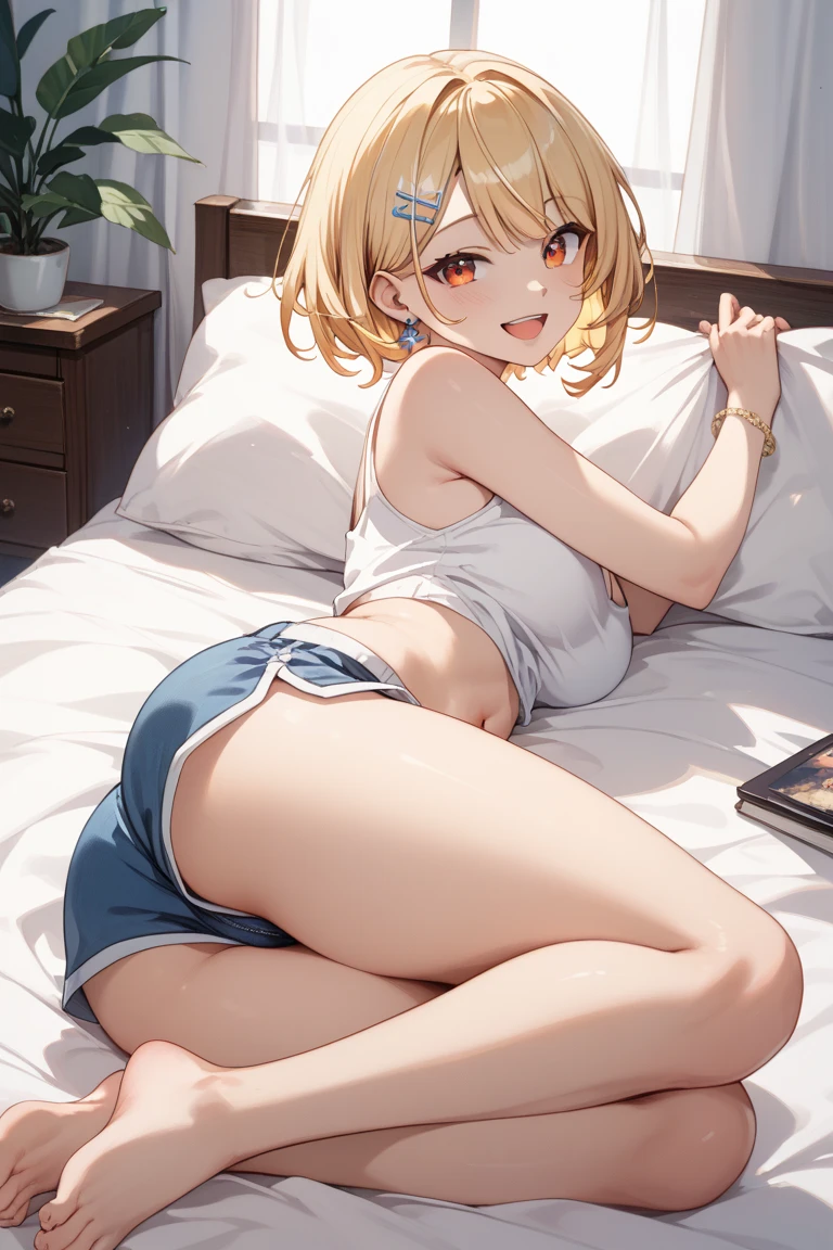Beautiful illustration、top-quality、Cute little girl s、Bedroom、a blond、bobhair、(((White bra)))、(((white panty)))、all-fours、s ass、shortsleeves、Normal、Black eyes、on the beds、lovely thighs、glowing thigh