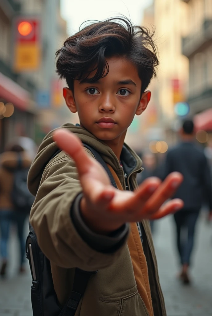 Create UHD photorealistic realistic image, no animation, no 3D image, no Pixar style. A 34-month-old French boy of mixed French-Arabic descent, with dark hair and intense brown eyes, dressed in a casual hoodie and jeans. He is standing in a dimly lit alley with graffiti on the walls, a mischievous grin on his face. The photo captures the urban atmosphere with moody lighting, using a Nikon D850, 35mm lens, f/1.4. The boy's five fingers are visible, creating a compelling, realistic image for a family album.
